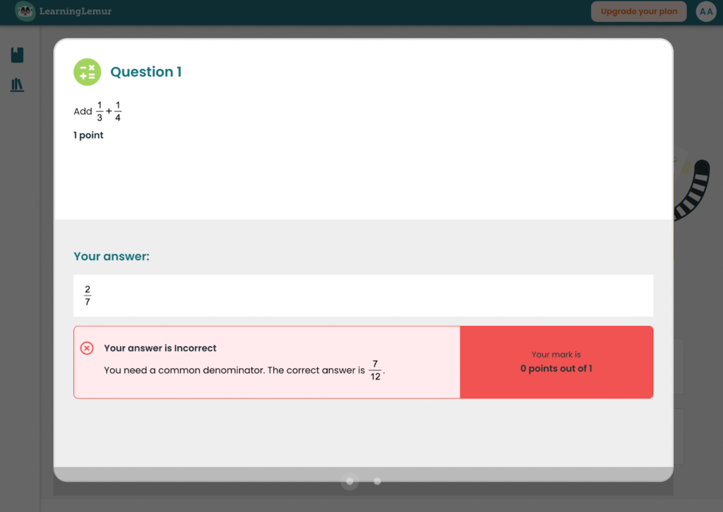 Incorrect answer example on LearningLemur