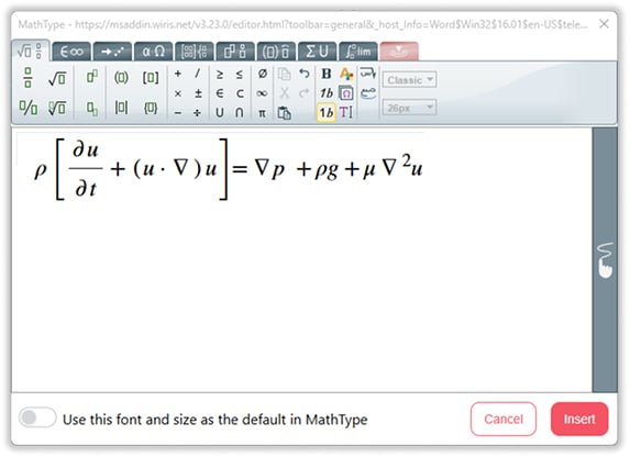 Interfaz de MathType mostrando la ecuación de Navier-Stokes.