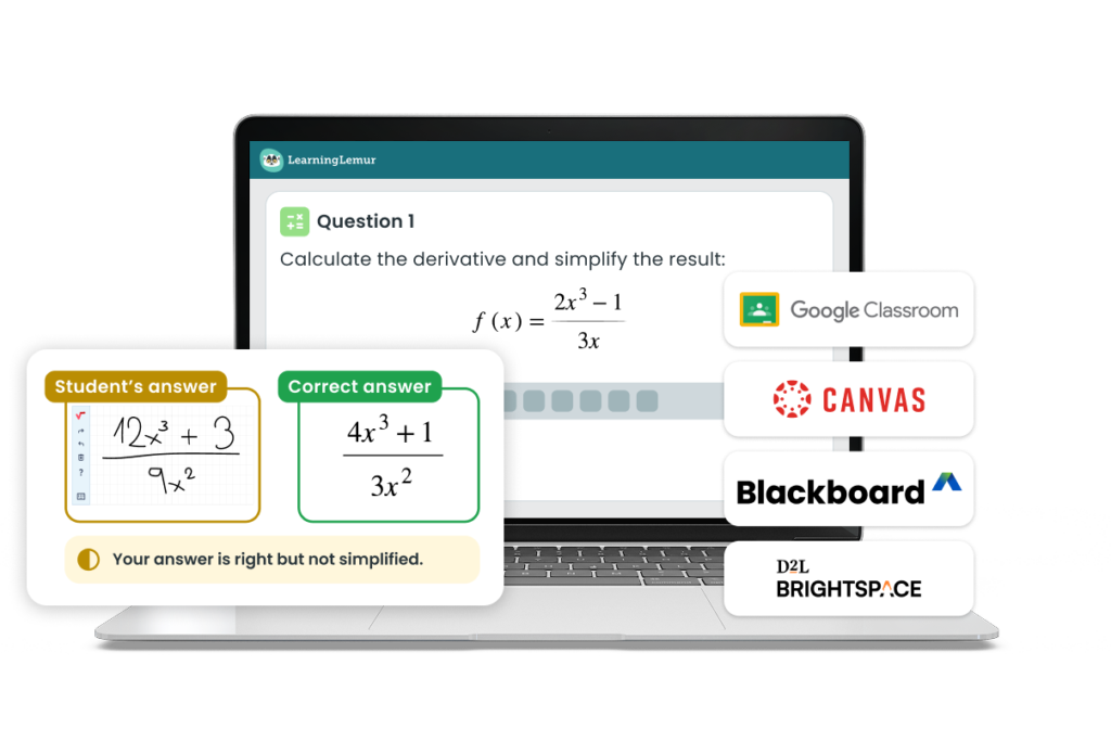 LearningLemur platform with its integrations: Google Classroom, Canvas, Blackboard, and D2L.