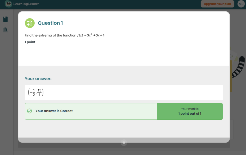 The interface of LearningLemur when a correct answer is submitted.