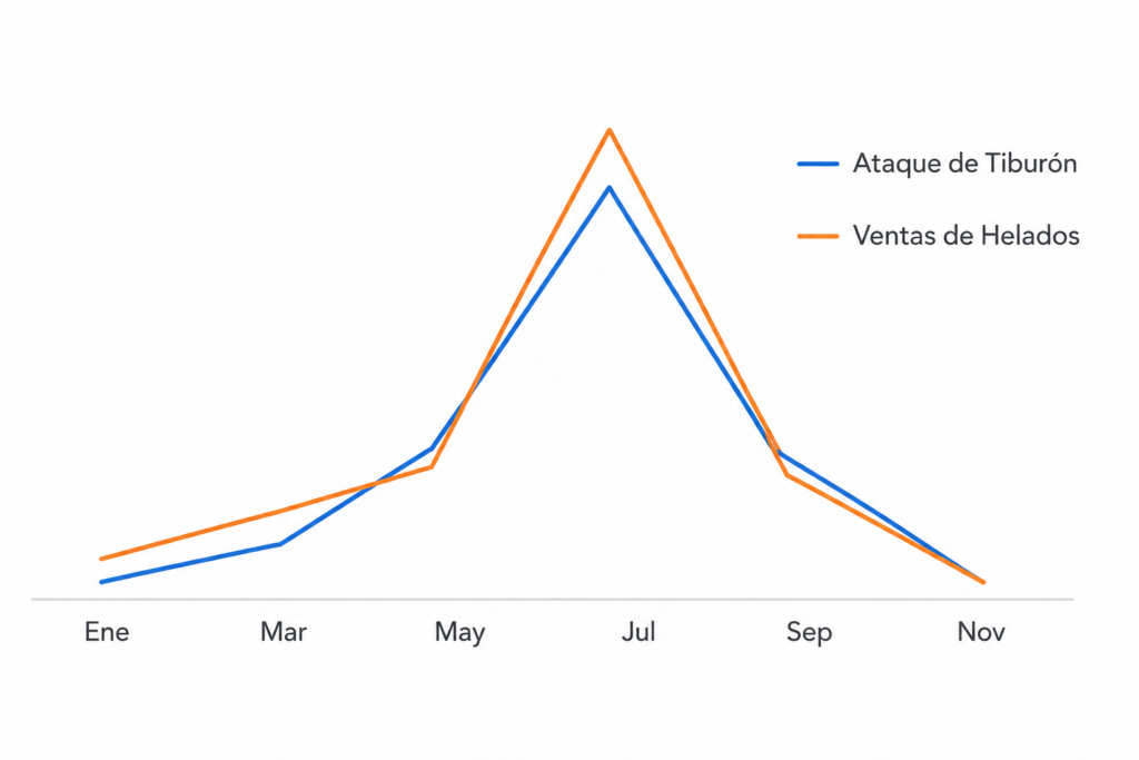 grafico que muestra ataques de tiburon y ventas de helados con el pico a la vez