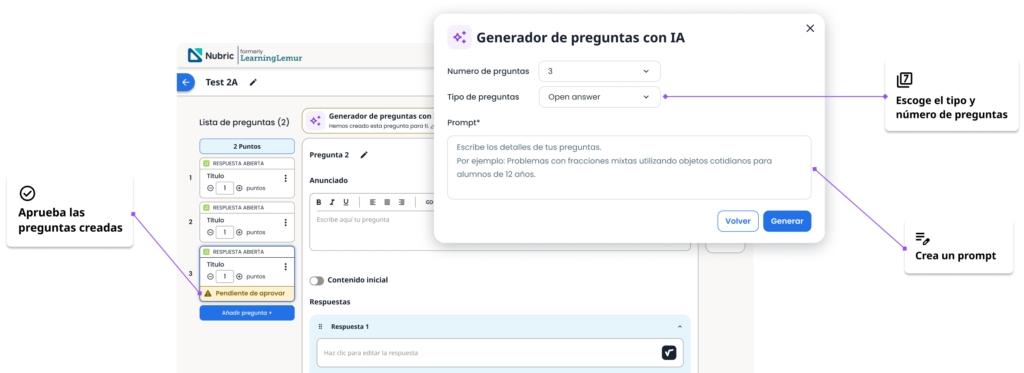 Pantalla de nubric donde se ve la creación de una pregunta generada con IA, la creación de prompts y la metodología paa escoger una tipología de pregunta. 