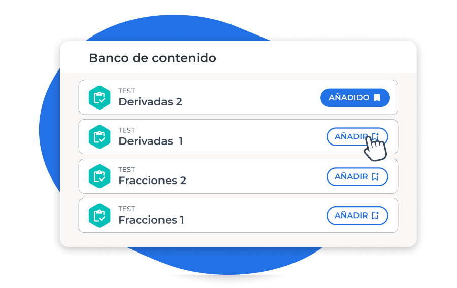 Pantalla del banco de contenido en Nubric, donde puedes añadir o quitar tests de tu cuenta