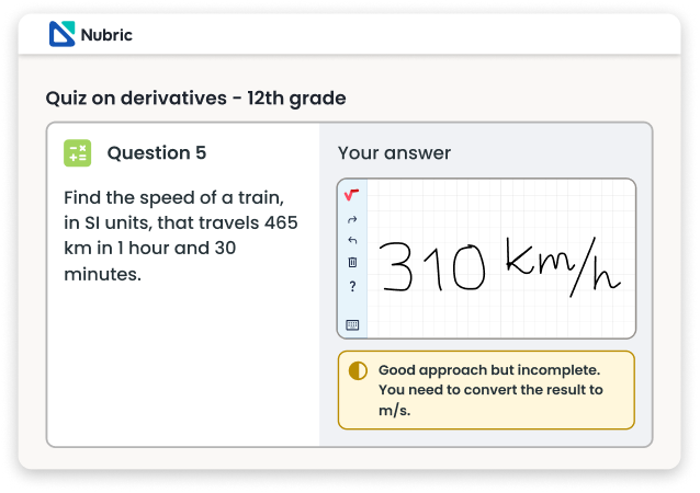 Example of feedback in Nubric, showing a correct, incorrect and partially correct answer, with an explanation of why they are correct or incorrect