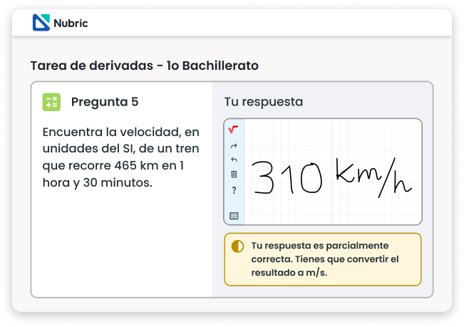 Ejemplo de feedback en Nubric, con una respuesta corercta, incorrecta y parcialmente correcta con su explicación de correcto / incorrecto