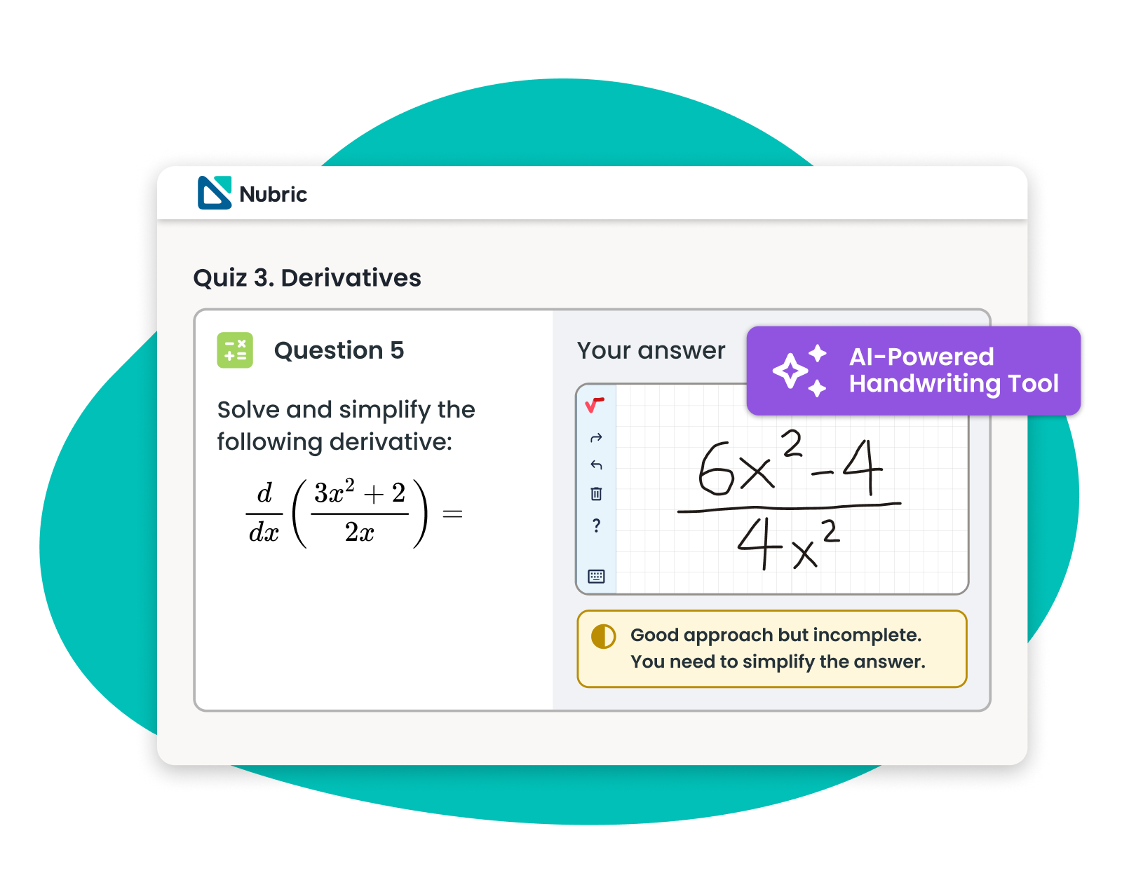 Quiz on derivatives answered with the AI handwriting recognition from MathType