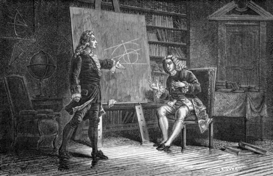 Bernoulli brothers discussing about math, possibly the brachistochrone curve